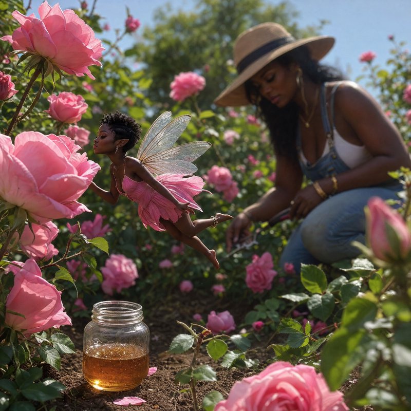 Fairy figure flying among pink roses in a sunny garden beside a glass jar of honey and a woman in a sun hat.