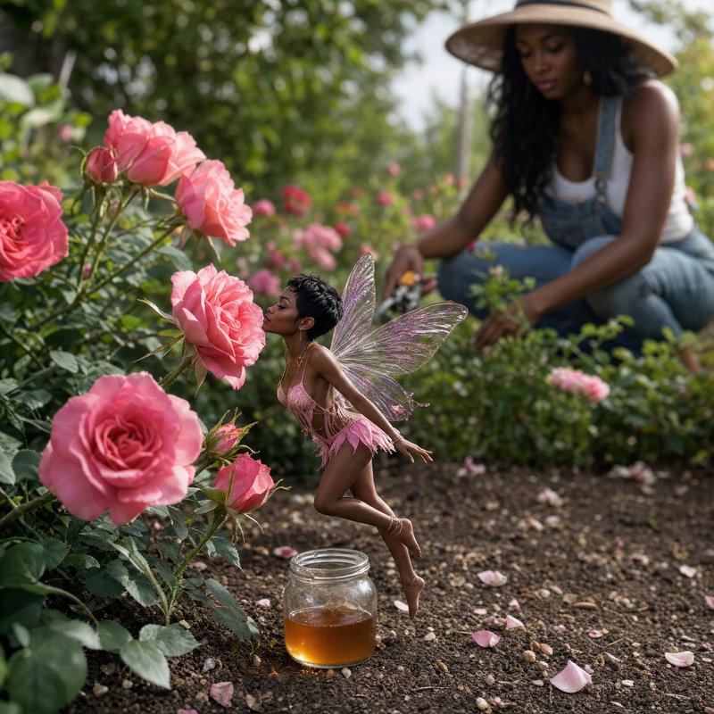 Tiny pink-winged fairy perched near blooming pink roses as a gardener tends in the background