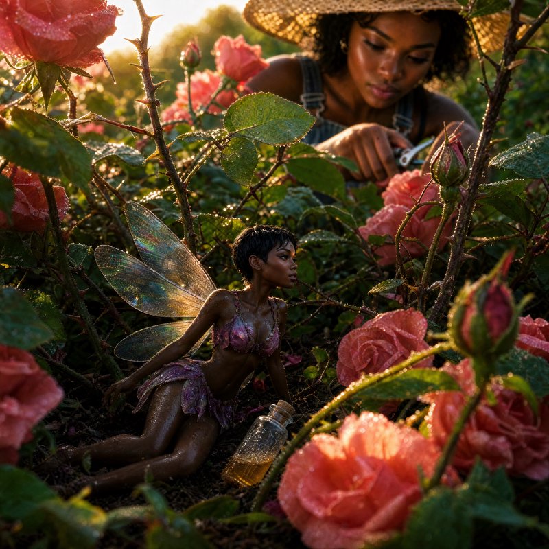 Tiny fairy with iridescent wings crouches among pink roses in a sunlit garden.