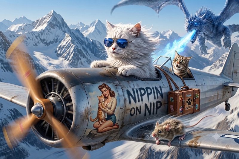 Whimsical white cat wearing sunglasses piloting a vintage propeller airplane, with a dragon in the sky over snowy mountains.