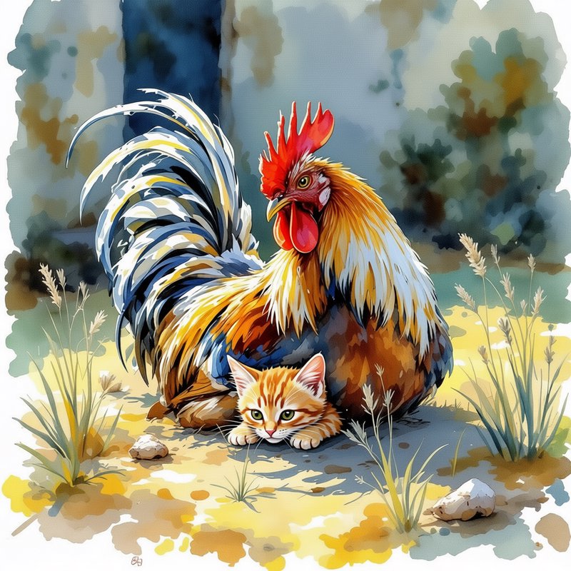 Vibrant rooster with colorful plumage beside a playful orange kitten in a watercolor-style farm scene.