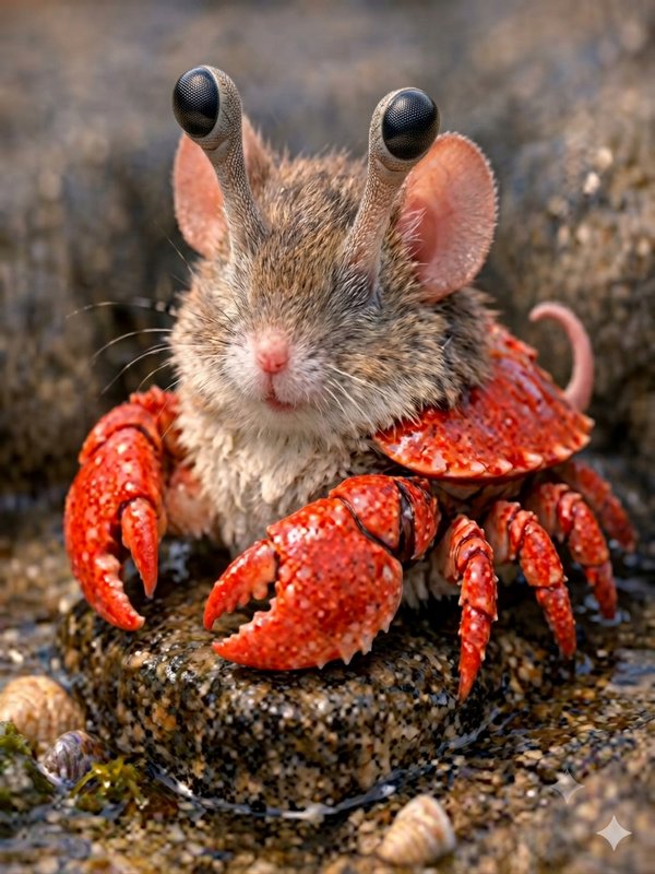 Small rodent with large stalked eyes surrounded by bright red crab claws on a rocky shore.