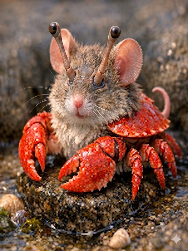 Small mouse on a rocky surface surrounded by bright red crab claws.