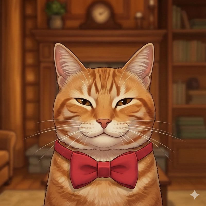 "Digital illustration of a smug orange tabby cat wearing a red bowtie, posing in a warm cozy wooden study interior."