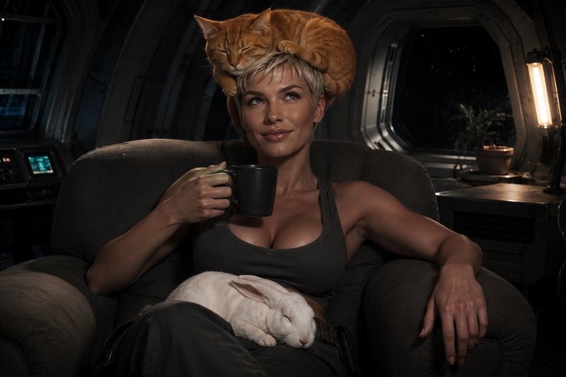 Smiling female space crew member sits in a spaceship lounge, sleeping orange cat on her head, white rabbit on her lap