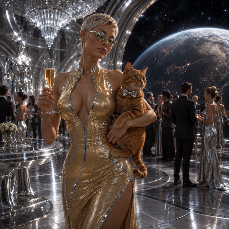 Glamorous woman in metallic gold gown holds champagne and bowtie orange tabby cat at futuristic space gala