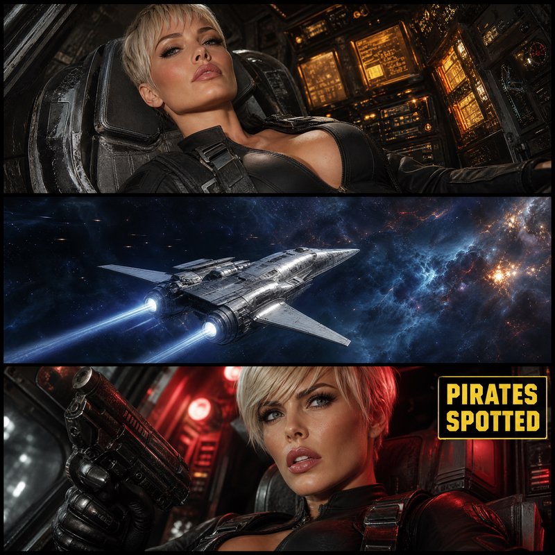 3-panel sci-fi comic: female starship pilot, her fighter in deep space, drawing a blaster as a "Pirates Spotted"