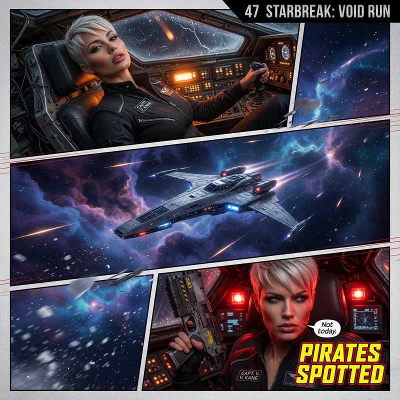 Photo relaistic sci-fi comic book page, 3 dynamic panels., 4K sharp detail.
Panel 1: Medium close-up, low angle. Striking busty supermodel with sharp high cheekbones, glossy full rose lips, sculpted platinum blonde pixie cut, wears a fitted matte black flight suit, leans back in worn chrome cockpit, warm amber console glow on her face.
Panel 2: Wide establishing shot. Sleek silver starship cuts through deep indigo nebula, distant burning stars streak past, cold cosmic void fills frame.
Panel 3: Tight dramatic shot. Her jaw set determined, grips heavy scuffed blaster raised high, flashing red alert lights wash the cockpit, bold text box reads *PIRATES SPOTTED* in block yellow capitals.