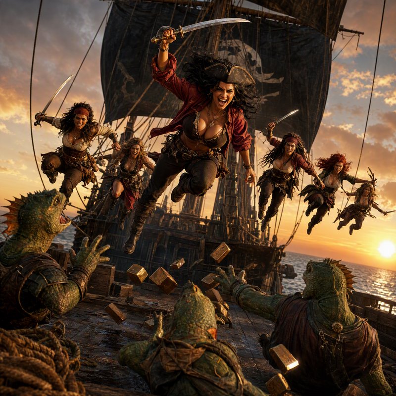 All-female pirate crew leap swords drawn to confront reptilian foes on a galleon deck during golden ocean sunset