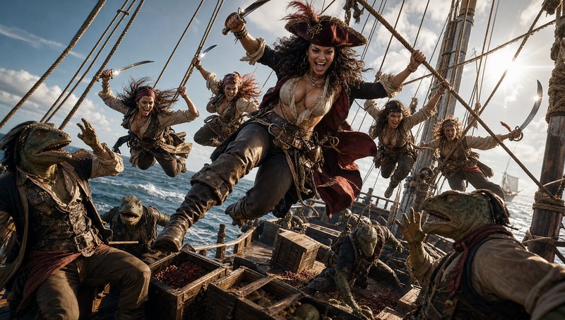 Fierce female pirate crew leaps from ship rigging, swords drawn, to battle reptilian pirate foes on a treasure-laden