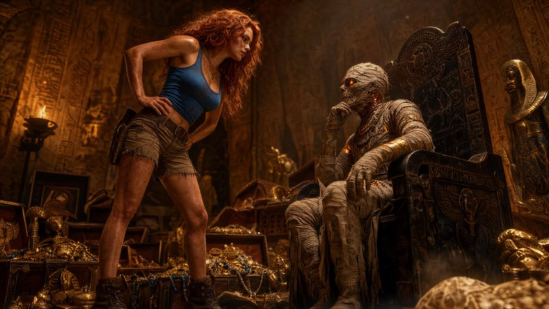 Red-haired woman explorer confronts a glowing-eyed mummy king seated on a throne in a treasure-filled ancient Egyptian tomb