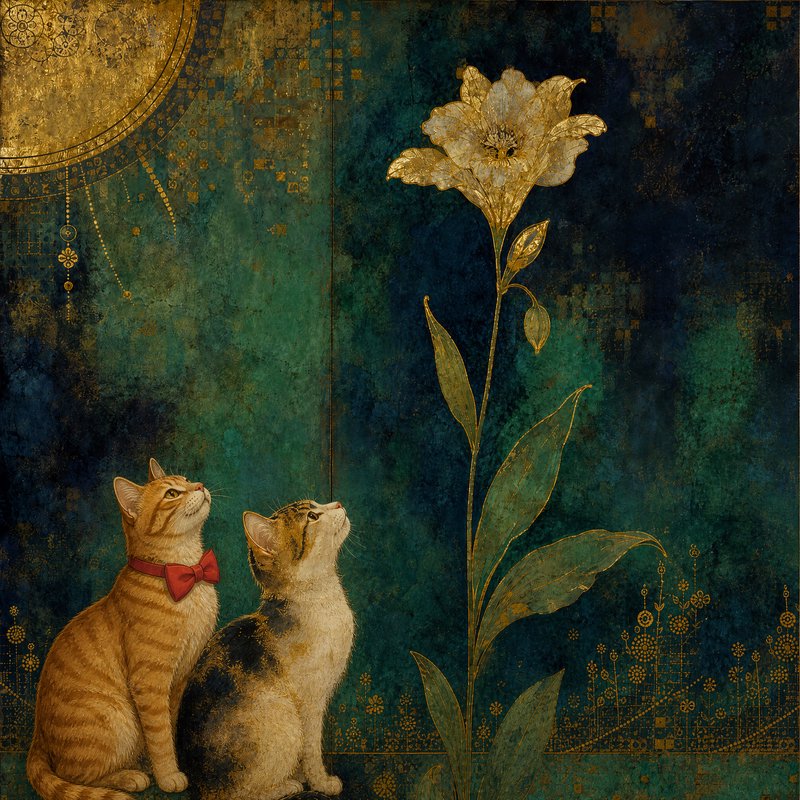 Ornate art nouveau illustration of two cats gazing up at a tall gilded lily against a deep teal gold-patterned background