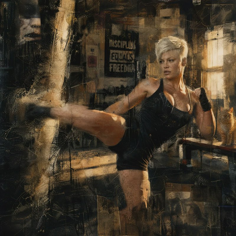 Painterly grunge portrait of a female kickboxer mid side kick in a vintage gym, with an orange tabby cat watching nearby