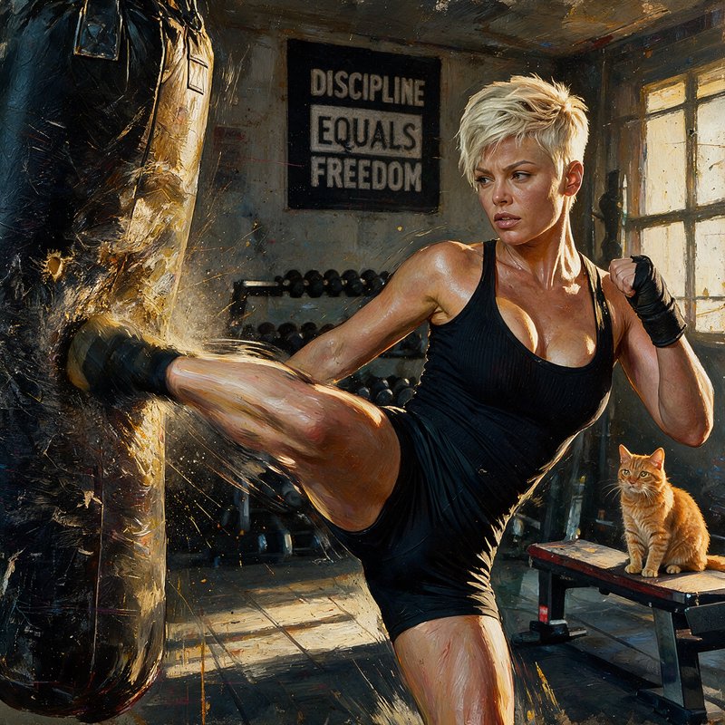 Athletic short blonde woman kicks a heavy punching bag in a sunlit gritty gym, orange tabby cat sits on a nearby weight