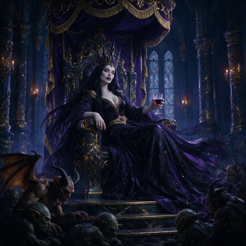Gothic dark queen sits on an ornate purple throne holding red wine, as bowing demonic goblin subjects gather at her dais