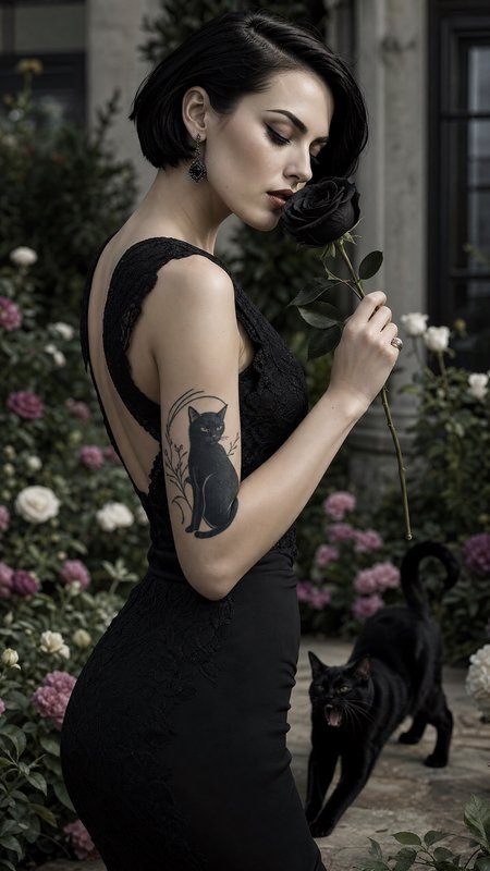 Elegant woman with short black hair in a lace gown holds a black rose, black cat tattoo on her arm, with a black cat in a ...