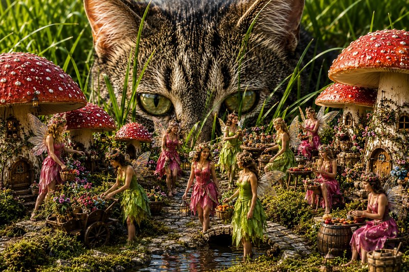 Giant curious tabby cat looms over a tiny enchanted fairy village lined with red amanita mushroom homes and busy winged