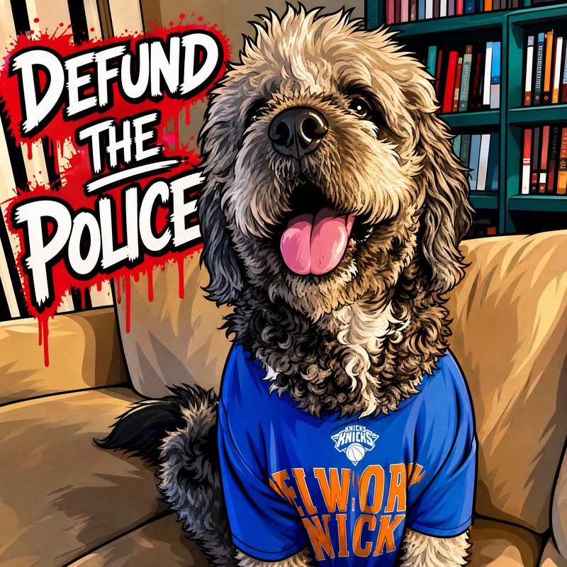 Happy fluffy goldendoodle dog in NY Knicks shirt sits on couch next to bold "Defund The Police" graphic, comic