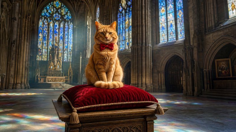 Orange tabby cat wearing a red bow tie sits regally on a red velvet pillow inside a grand gothic cathedral with stained