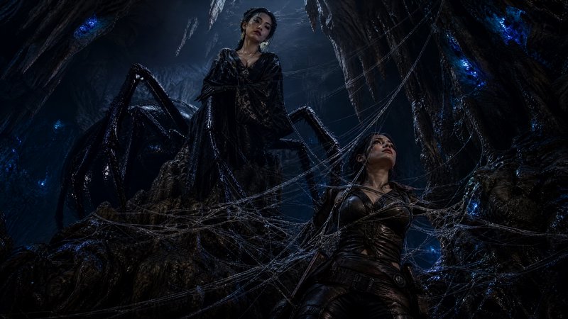 Spider queen perched on a giant arachnid looms over a web-trapped adventurer in a dark fantasy cave