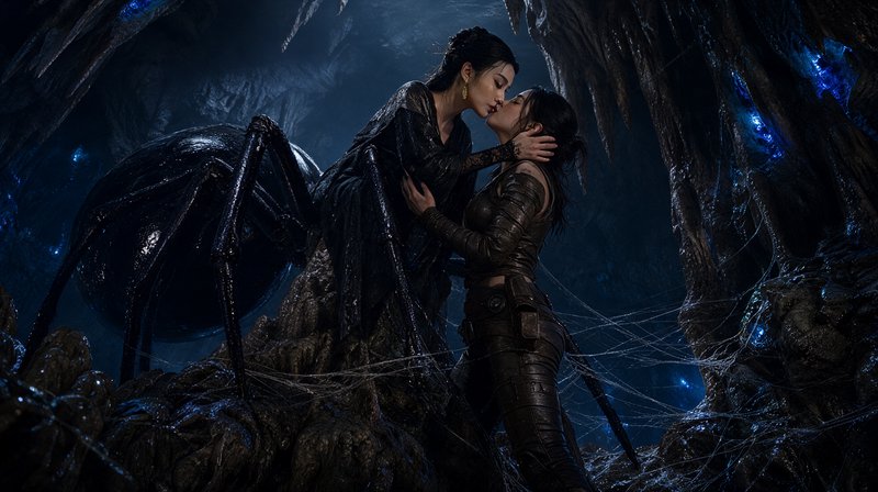 Intimate tender moment between two women, one with giant spider appendages, inside a dark glowing web-draped cave