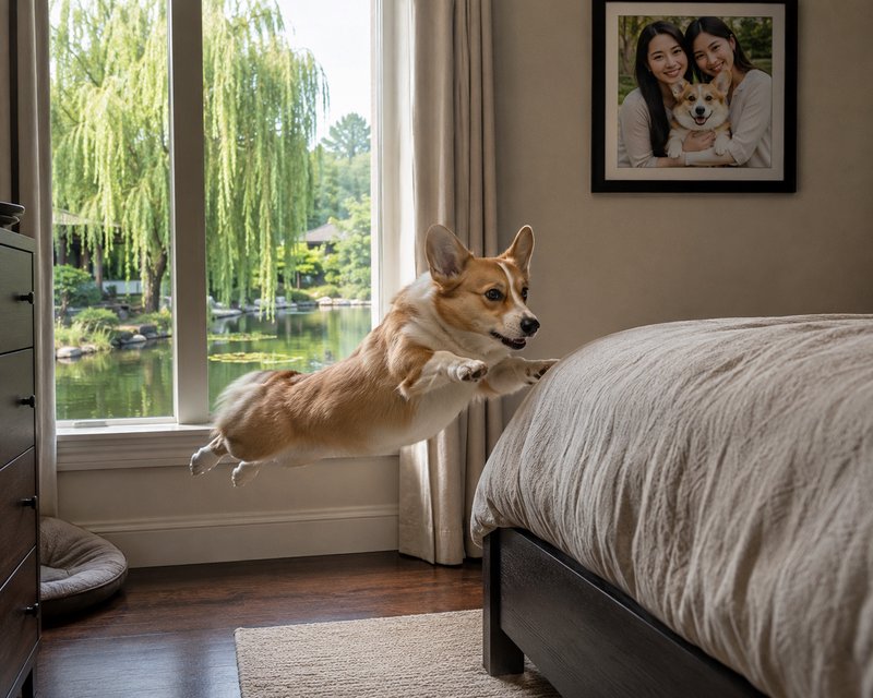 Pembroke Welsh corgi suspended mid-leap, jumping onto a bed in a sunlit bedroom with a garden pond view