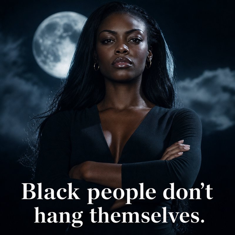Poised Black woman with crossed arms against a full moon night sky, overlaid with text reading "Black people don't hang