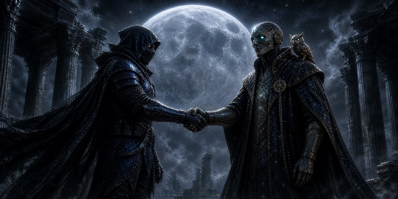 Hooded armored figure shakes hands with a cybernetic wizard beneath a giant full moon in ancient temple ruins.