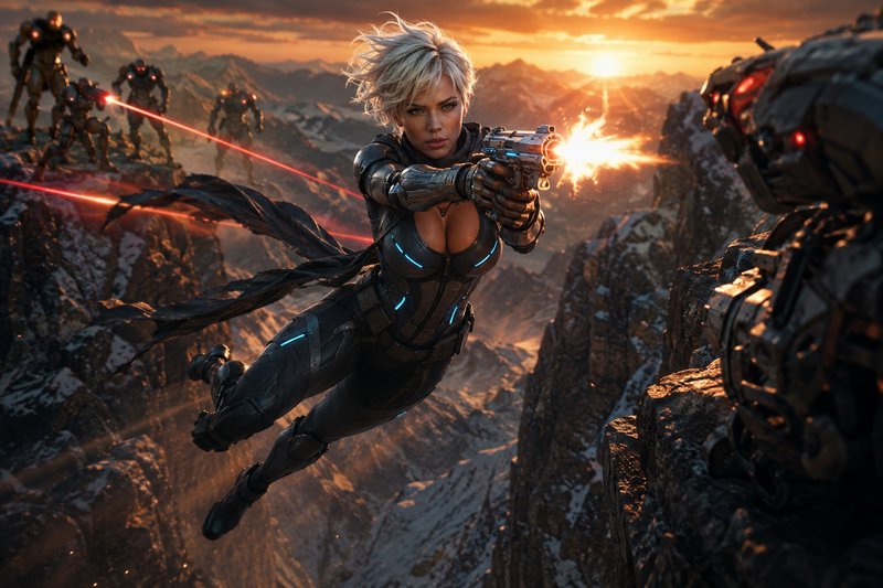 Female cybernetic sci-fi soldier mid-leap firing energy pistol at mech enemies over mountain cliffs at sunset
