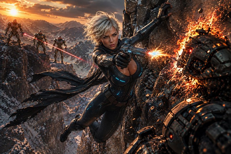 Cinematic sci-fi scene: female soldier fires energy pistol at robot while climbing snowy mountain cliff at sunset