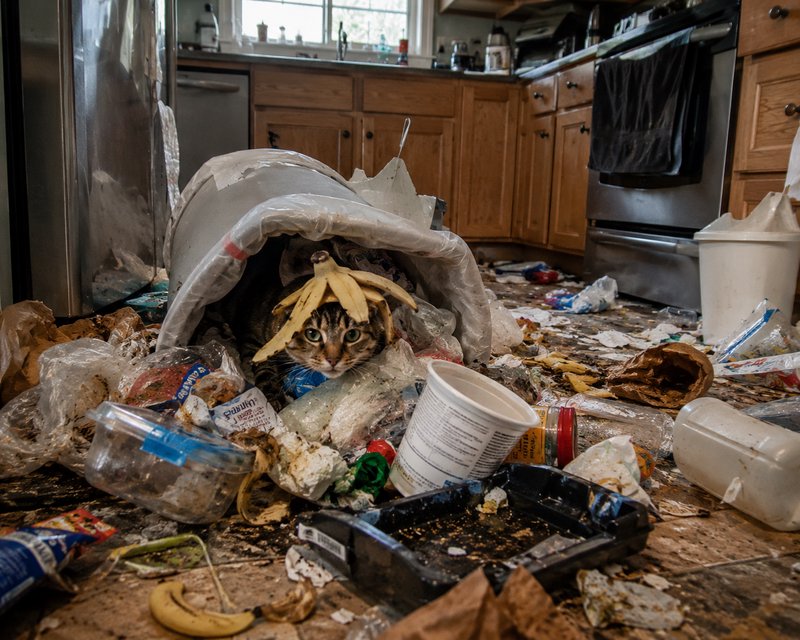 Tabby cat with a banana peel hat peeks out from a tipped trash can scattered across a messy home kitchen floor.
