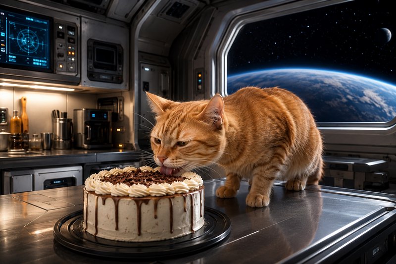 Orange tabby cat licks a decorated chocolate cake on a counter inside a space station, Earth visible through the viewport.