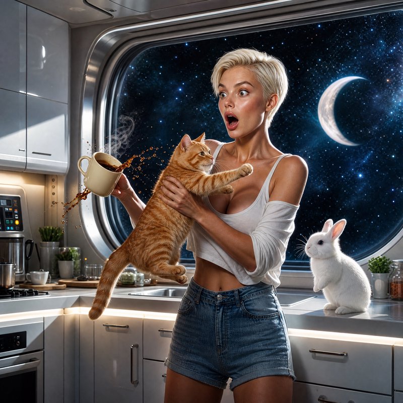 [Shocked blonde woman spills coffee holding an orange tabby cat, white rabbit on counter, spaceship kitchen with outer spa...