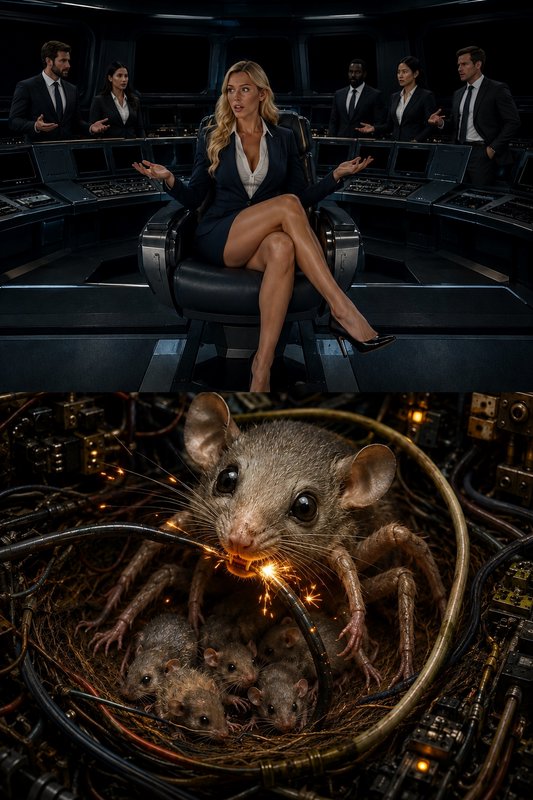 Two-panel composite art: top = confused corporate team in futuristic control room, bottom = rat-spider hybrid chewing