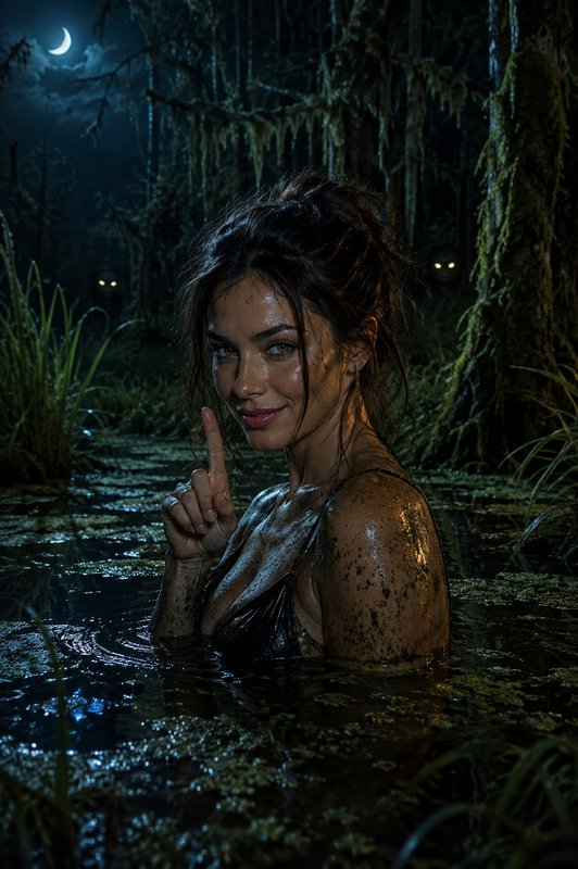 Woman making a shushing gesture while standing waist-deep in a moonlit swamp, glowing creature eyes peek from dark forest ...