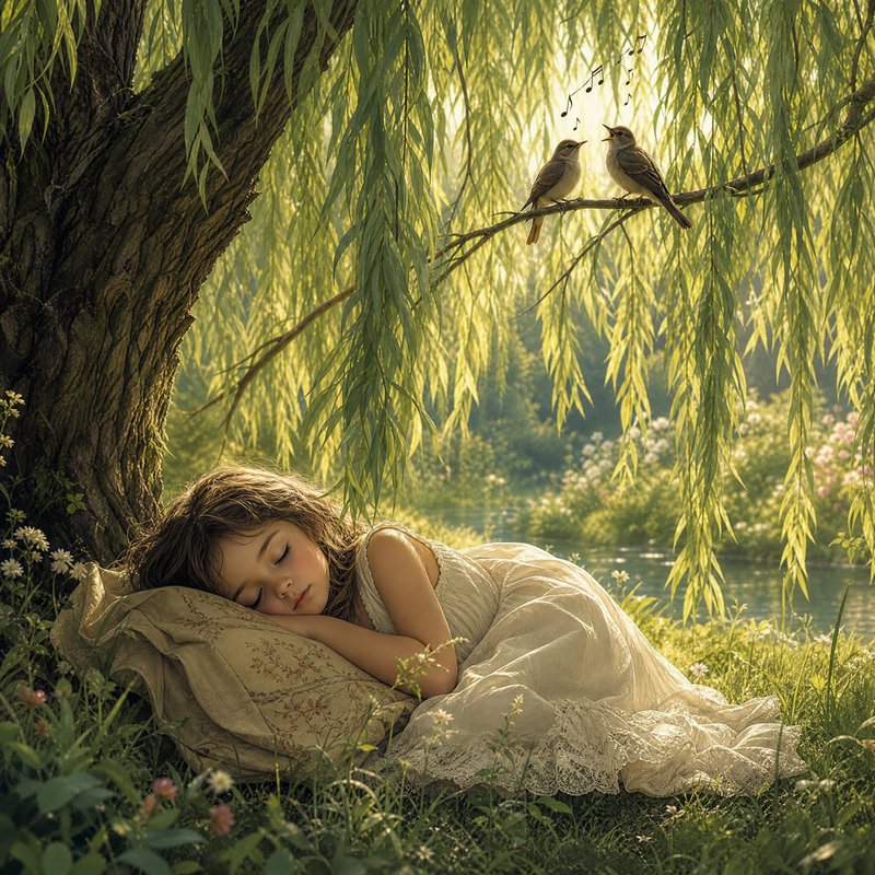 Young girl sleeps peacefully under a weeping willow as two songbirds sing above a sunlit pond.