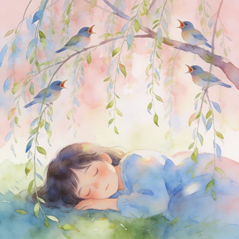 Soft watercolor illustration of a sleeping young girl resting on grass under willow branches, with four singing blue songb...