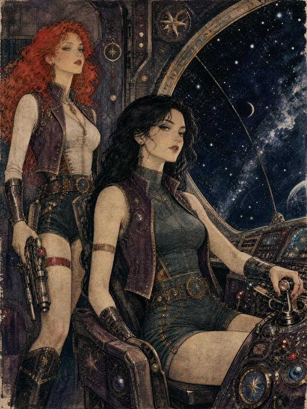 Vintage steampunk illustration of two female space pirates in a starship cockpit overlooking starry outer space
