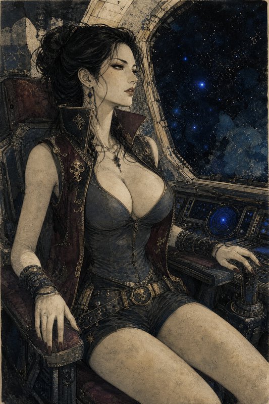 [Vintage illustrated female steampunk space captain seated in her starship cockpit, gazing out at starry deep space]