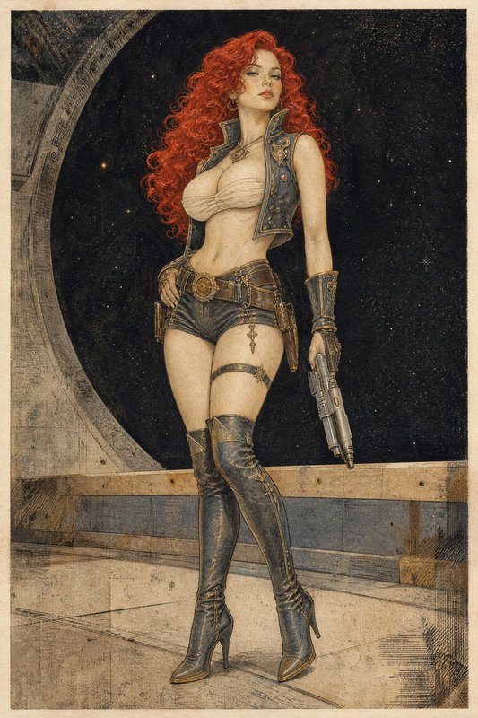 Vintage pen illustration of curly red-haired steampunk space pirate holding a blaster on a starship observation deck