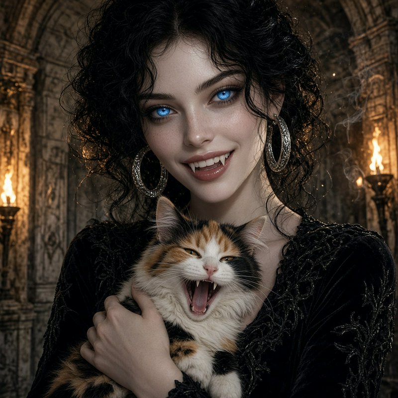 Gothic vampire woman with sharp fangs holds a fanged calico cat, both grinning, in a torch-lit stone castle interior.