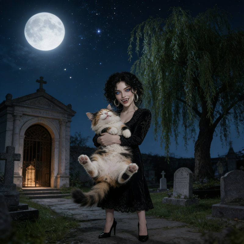 [Playful gothic vampire woman holding a happy fluffy calico cat in a full moon lit old cemetery]