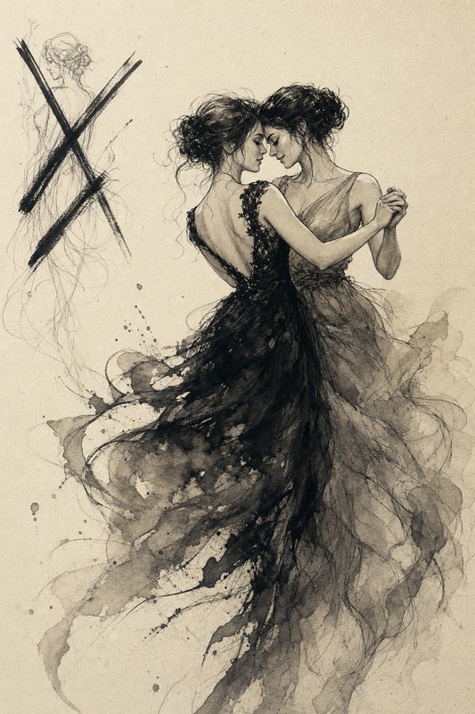 Ink and wash sketch of two women in flowing gowns dancing intimately, with a crossed out rejected sketch in the upper left...