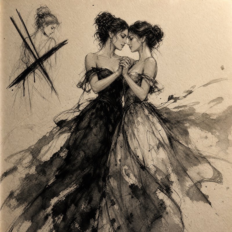Monochrome ink sketch of two tender women in tulle gowns holding hands, with a crossed-out portrait in the upper left.