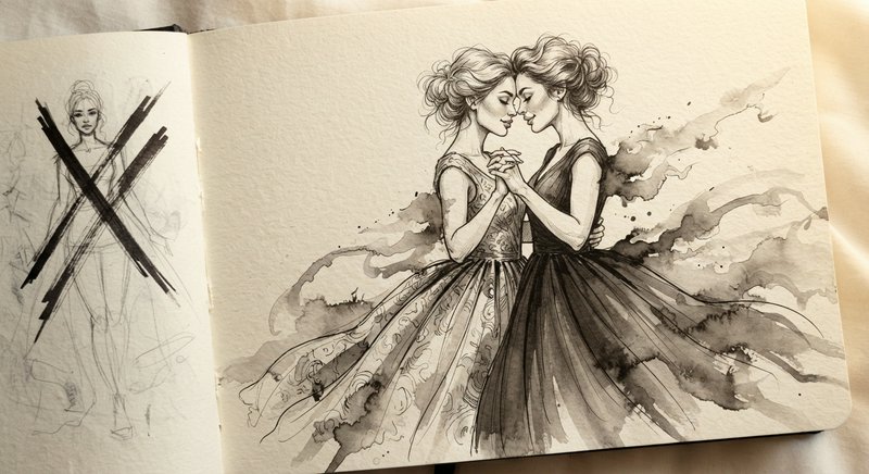 [Open artist sketchbook with finished monochrome ink art of two tender embracing women, crossed out rejected sketch on lef...