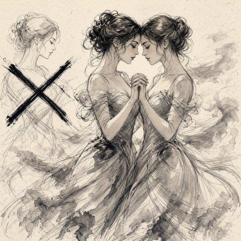 [Monochrome ink sketch of two tender women holding hands forehead to forehead, with a third crossed-out figure on aged cre...