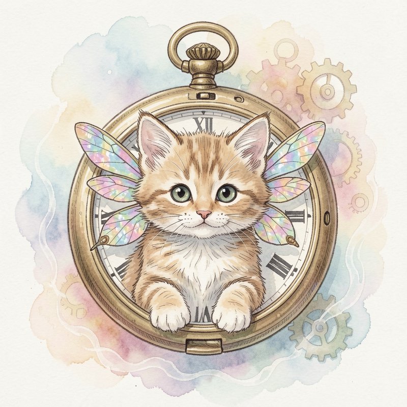 [Watercolor illustration of a cute fairy tabby kitten with iridescent wings peeking from a vintage brass steampunk pocket ...