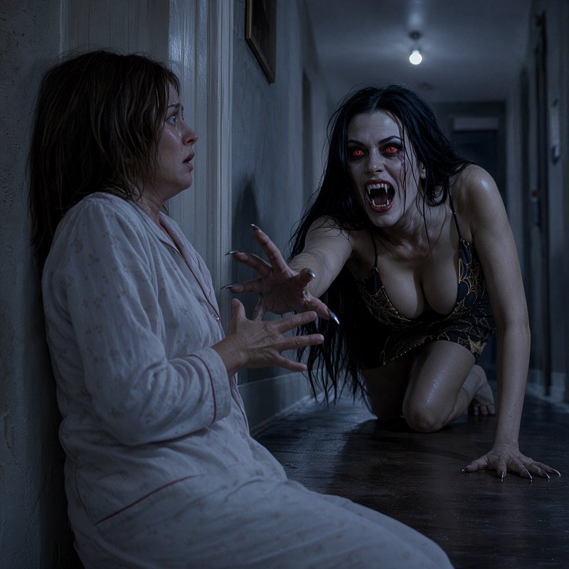 Terrified woman in pajamas cowers against a hallway wall as a fanged glowing red-eyed vampire crawls toward her