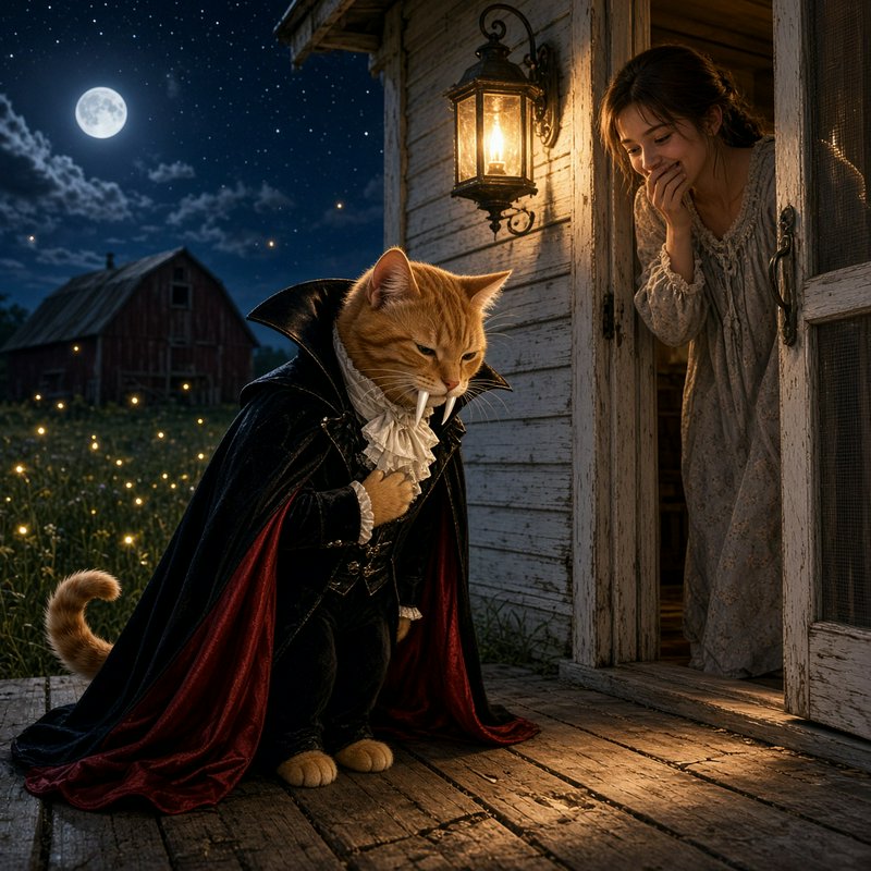 Anthropomorphic ginger tabby in vampire Dracula costume bows on cabin porch, laughing woman watches from doorway on