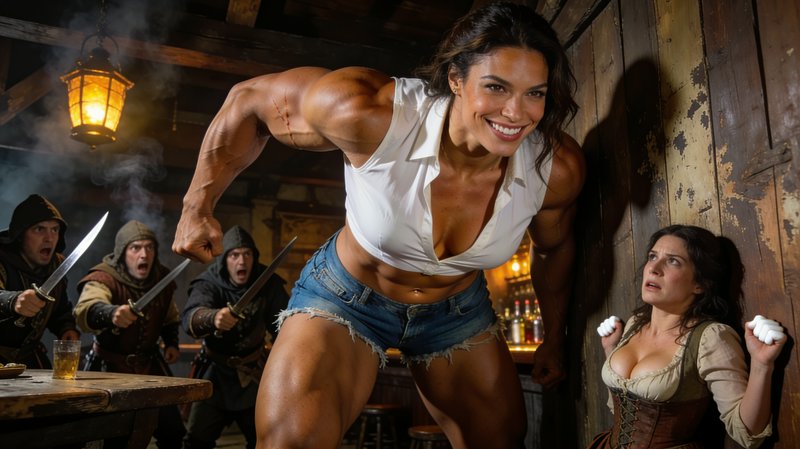 [Extremely muscular grinning woman defends a cowering tavern patron from hooded sword-wielding attackers inside a rustic m...